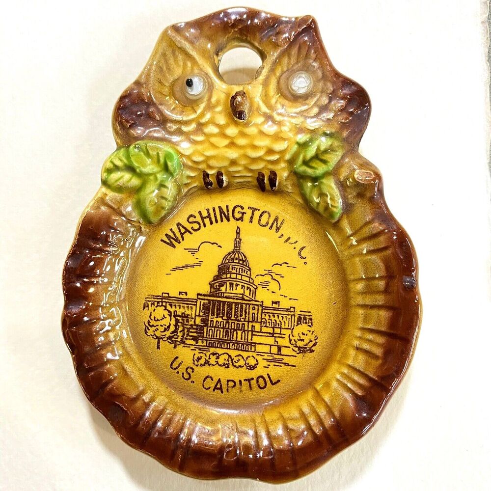 Vintage Owl Ashtray Googly Eye Japan Washington DC US Capitol Porcelain Souvenir